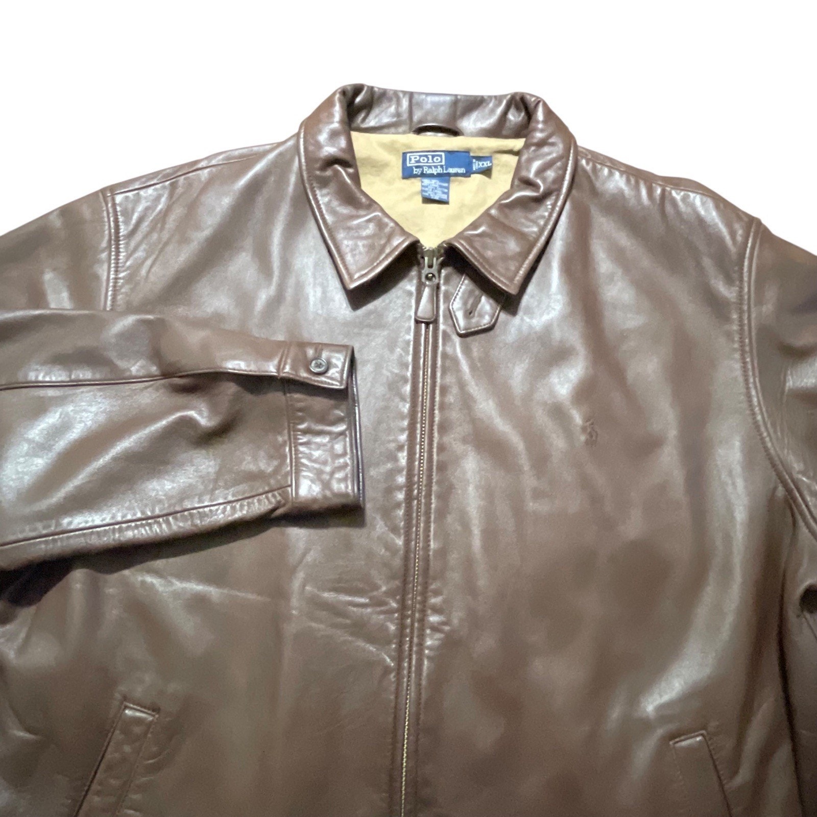 Vintage Polo Ralph Lauren Jacket Mens Xxl Brown Lambskin Leather Full Zip Pony